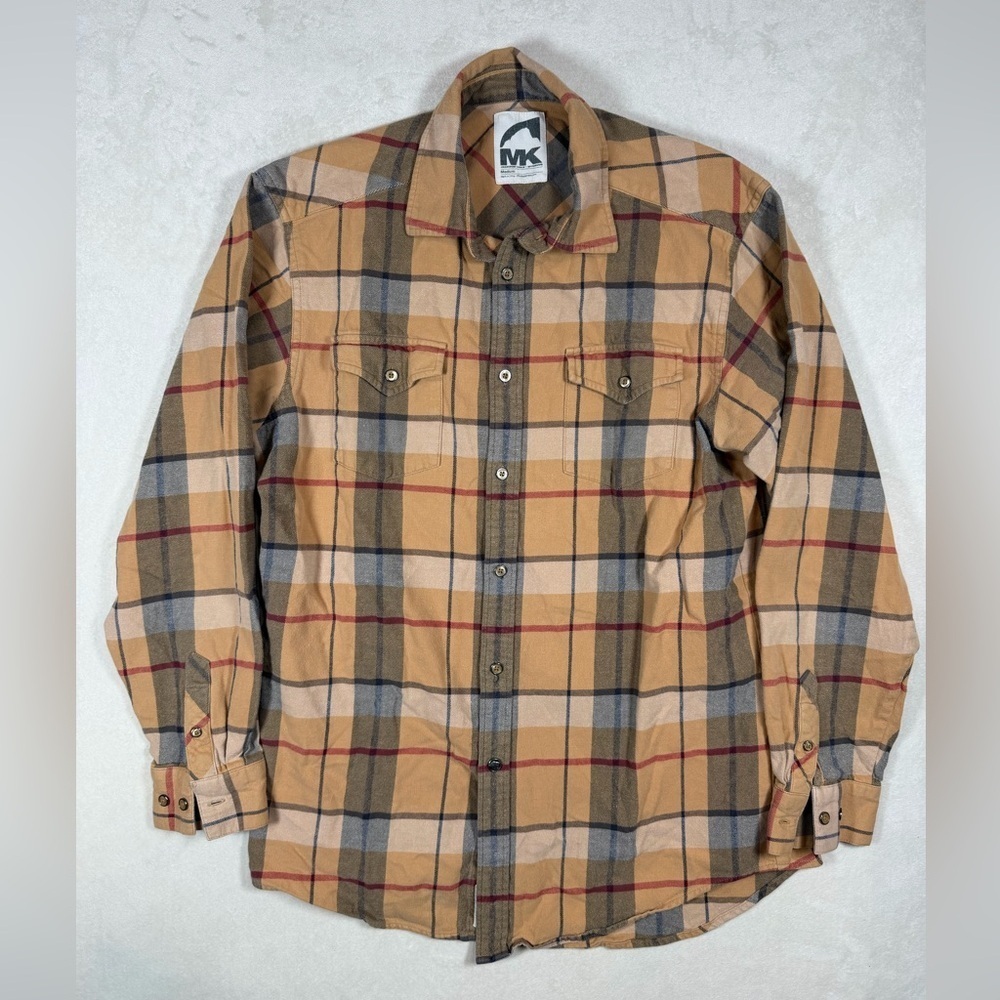 Mountain Khakis Size Medium Thick Cotton Tan Gray Plaid Casual Button Down Shirt